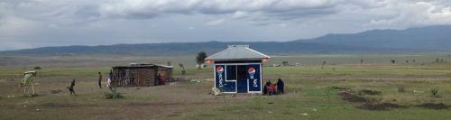 Foto af afrikansk hytte ved siden af skur af kendt sodavandsm?rke